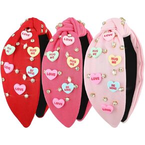 3 Pcs Valentine's Day Headband for Women Love Hug Me Heart Headband Crystal Rhinestone Knotted Hairband Rose Red Pink Red Wide Knot Hairband Valentine's Day Hair Accessories Gifts in Saudi Arabia