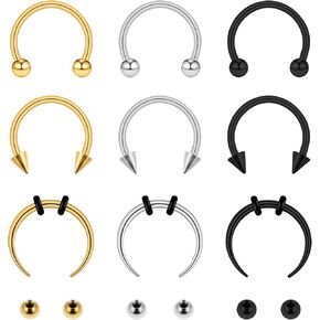 9PCS 16G Septum Nose Rings, 10MM Stainless Steel Septum Ring, Eyebrow Helix Cartilage Horseshoe Nose Ring with Replacement Ball Septum Jewelry Silver Black Gold Piercing Jewelry(Mixing Colors) in Saudi Arabia