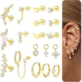 18 PCS Single Cartilage Studs Earrings Women Trendy 14k Gold Plated Flat Back Earings Stacks Dainty Small Pendant Dangle Huggie Hoops Earring Cubic Zirconia Flatback Stud Sets for Multiple Piercing in Kuwait