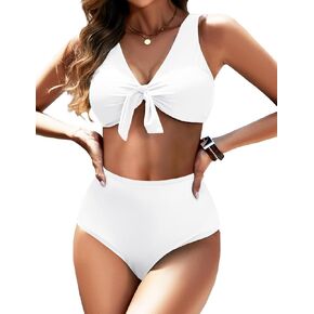 Womens High Waisted Bikini Set Knot Front Two Piece Swimsuit V Neck Bathing Suit Swimwear in Kuwait
