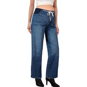 BLENCOT Women's Maternity Jeans High Waisted Drawstring Stretchy Straight Leg Pregnancy Denim Pants in Saudi Arabia