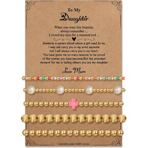 Gold Plate Bracelet Gifts for Women: 14K Gold Plated Dainty Bead Pearl Cross Bracelet Stretchable for Women - Christmas Birthday Gifts for Daughter Niece Granddaughter in Kuwait