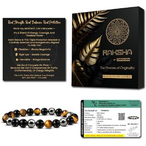 RAKSHA Certified Original Triple Protection Bracelet | Hematite, Obsidian & Tiger Eye Crystal | Negative Energy Protection Bracelet for Men, Women with Activation Card & Authenticity Certificate in Saudi Arabia