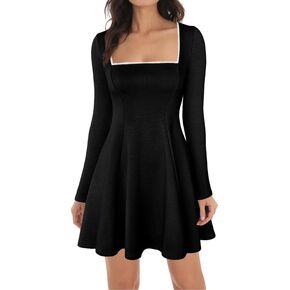ADEWEL Women's Square Neck Ruffle Hem Mini Dress Long Sleeve A Line Pleated Dress for Women Corset Short Party Dresses in Saudi Arabia