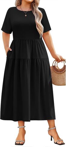 IN'VOLAND Plus Size Casual Dress for Women Bohemian Short Sleeve Flowy Loose Maxi Summer Beach Swing Dresses with Pockets in Saudi Arabia