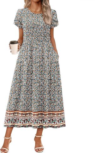 Zeagoo Summer Dresses for Women 2026 Maxi Bohemian Floral Short Sleeve Long Dress Casual Flowy Tired Beach Sundress in Kuwait
