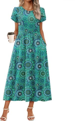 Zeagoo Womens Maxi Dresses Summer Bohemian Floral Short Sleeve Long Dress Casual Flowy Tired Beach Sundress in Saudi Arabia
