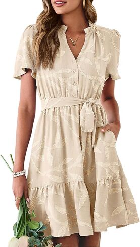 Simplee Womens Short Summer Dresses Casual Short Sleeve Empire Waist A Line Mini Dress V Neck Cute Beach Sundress in Saudi Arabia