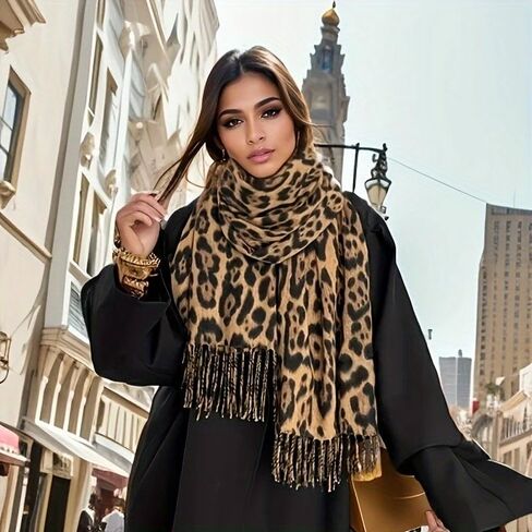 Women's Leopard Print Blanket Scarf, Soft Warm Thick Shawl Wrap with Tassels, Casual Fall Winter Neck Scarf for School in Saudi Arabia