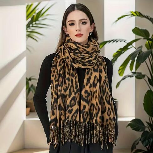 Women's Leopard Print Blanket Scarf, Soft Warm Thick Shawl Wrap with Tassels, Casual Fall Winter Neck Scarf for School in Saudi Arabia