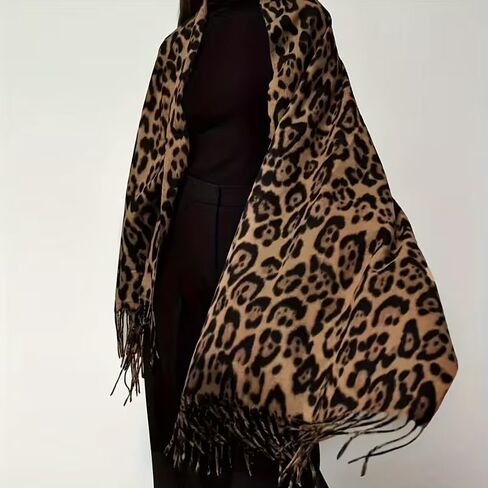 Women's Leopard Print Blanket Scarf, Soft Warm Thick Shawl Wrap with Tassels, Casual Fall Winter Neck Scarf for School in Saudi Arabia
