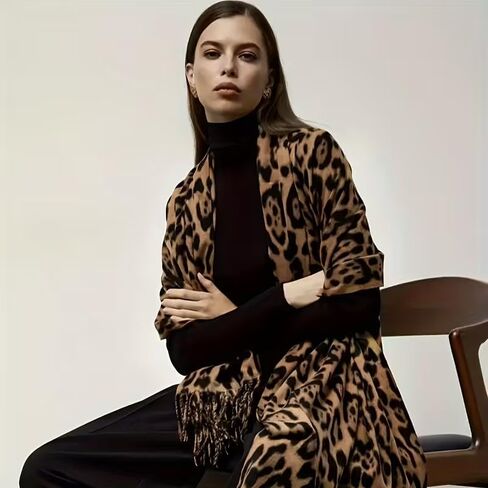 Women's Leopard Print Blanket Scarf, Soft Warm Thick Shawl Wrap with Tassels, Casual Fall Winter Neck Scarf for School in Saudi Arabia