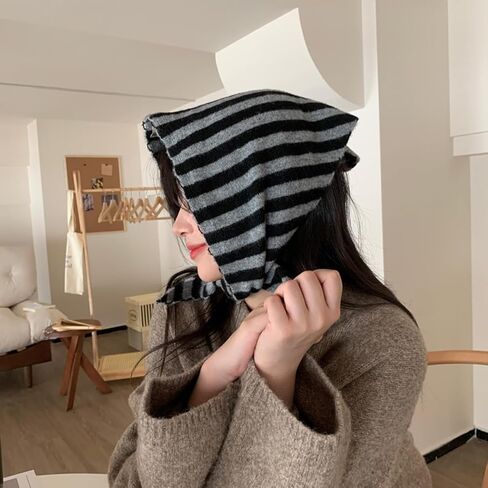 Stripe Knitted Triangle Scarf for Women - Y2K Aesthetic Headscarf Shawl Cozy Neck Warmer Versatile Head Wrap in Saudi Arabia