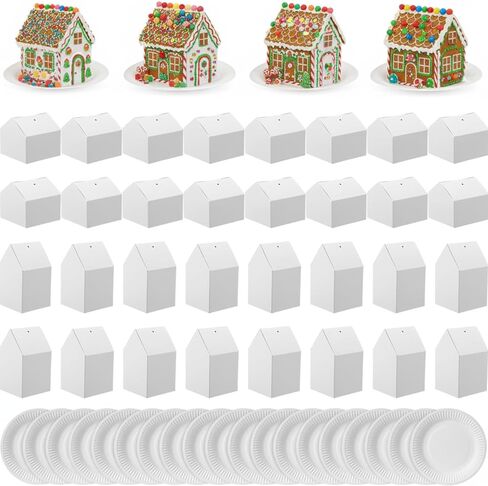 Eaasty 100 Pcs Christmas Gingerbread House DIY Kit Craft Cardboard Gingerbread House Shaped Boxes with Plates Candy Xmas Houses for Holiday Crafts Gift Packaging Party Decorations(White) in Saudi Arabia
