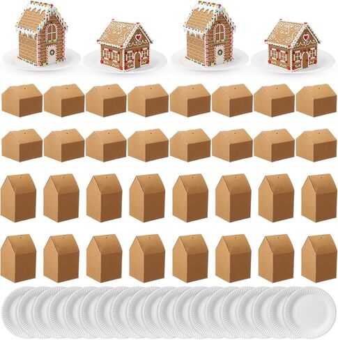 Eaasty 100 Pcs Christmas Gingerbread House DIY Kit Craft Cardboard Gingerbread House Shaped Boxes with Plates Candy Xmas Houses for Holiday Crafts Gift Packaging Party Decorations(White) in Saudi Arabia