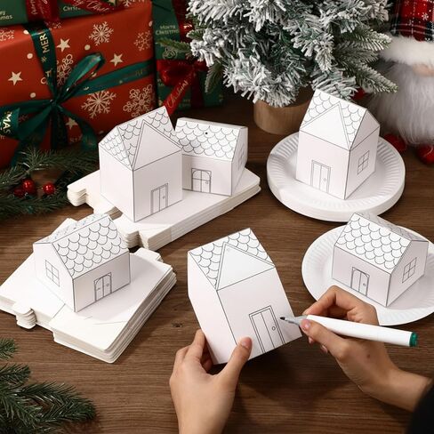 Eaasty 100 Pcs Christmas Gingerbread House DIY Kit Craft Cardboard Gingerbread House Shaped Boxes with Plates Candy Xmas Houses for Holiday Crafts Gift Packaging Party Decorations(White) in Saudi Arabia
