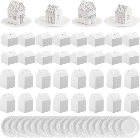 Eaasty 100 Pcs Christmas Gingerbread House DIY Kit Craft Cardboard Gingerbread House Shaped Boxes with Plates Candy Xmas Houses for Holiday Crafts Gift Packaging Party Decorations(White) in Saudi Arabia
