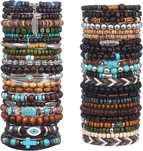 41/44 PCS Beaded Bracelets for Men Larger Size Women Adjustable Punk Braided Wooden Bracelet Bulk Wood Bangles Wristbands Meaningful Jewelry Gift in Kuwait