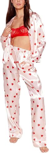 LILTWIST Valentines Silk Pajamas for Women Cute Satin Bow Heart Print Pjs 2 Piece Long Sleeve Shirt Matching Lounge Pants Set in Kuwait