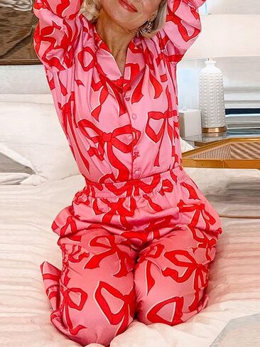 LILTWIST Valentines Silk Pajamas for Women Cute Satin Bow Heart Print Pjs 2 Piece Long Sleeve Shirt Matching Lounge Pants Set in Kuwait