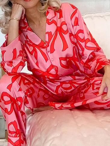 LILTWIST Valentines Silk Pajamas for Women Cute Satin Bow Heart Print Pjs 2 Piece Long Sleeve Shirt Matching Lounge Pants Set in Kuwait