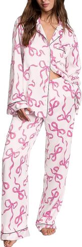 LILTWIST Valentines Silk Pajamas for Women Cute Satin Bow Heart Print Pjs 2 Piece Long Sleeve Shirt Matching Lounge Pants Set in Kuwait