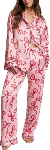 LILTWIST Valentines Silk Pajamas for Women Cute Satin Bow Heart Print Pjs 2 Piece Long Sleeve Shirt Matching Lounge Pants Set in Kuwait