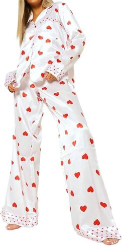LILTWIST Valentines Silk Pajamas for Women Cute Satin Bow Heart Print Pjs 2 Piece Long Sleeve Shirt Matching Lounge Pants Set in Kuwait