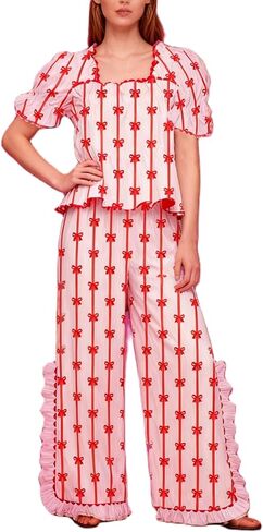 Women Christmas Gingham Pajamas Y2k Plaid Puff Sleeve Babydoll Tops Split Wide Leg Pants Xmas Ruffle Sleepwear in Saudi Arabia