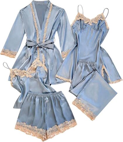 SweatyRocks Women's Satin Pajama Sets Lace Trim Cami Top Shorts Pants Nightgown and Belted Robe 5 Piece Loungewear in Saudi Arabia