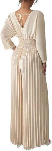 Women Fall V-neck Shirt Jumpsuit Pants Solid Color Batwing Sleeve Pleated Wide-Leg Romper Overalls in Saudi Arabia