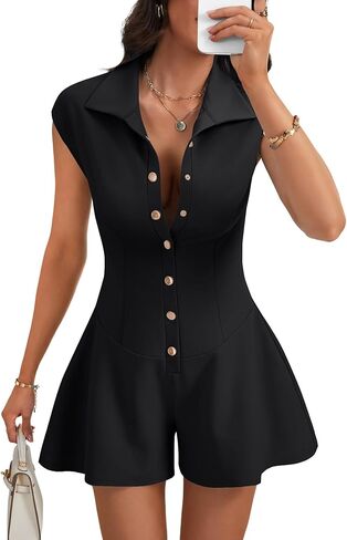 LYANER Women's Collared V Neck Button Down Cap Sleeve Sexy Rompers Jumpsuits in Saudi Arabia