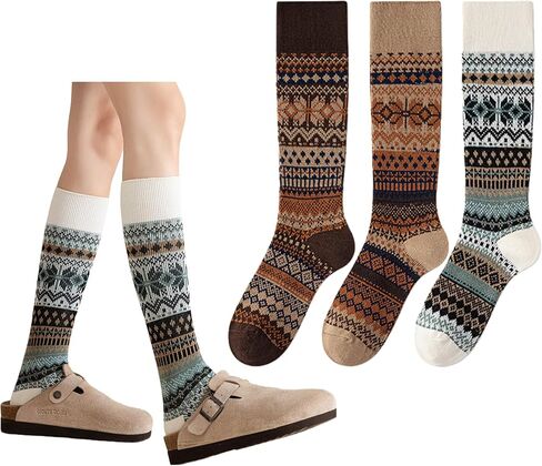 3 Pairs Women Retro Calf Socks - Classic Knit Pattern Slouch Color Block Warm Cozy for Daily Casual/Workout in Saudi Arabia