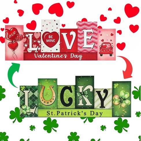 Valentines Day Decorations St Patricks Day Decorations Wooden Table Sign, LOVE & LUCKY Reversible Tabletop Decor Double-Sided Multi Theme Irish Farmhouse Table Centerpiece for Home Office Restaurant in Saudi Arabia