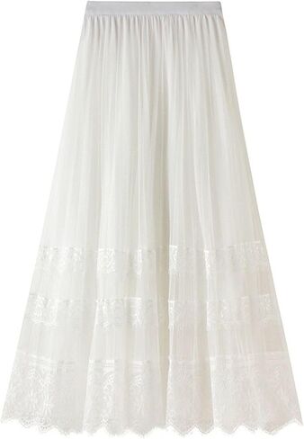 Womens Lace Tulle Skirts High Waist A Line Fairy Skirt Pleated Flowy Midi Layered Skirts Wedding Guest Mesh Skirt in Saudi Arabia