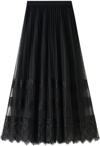 Womens Lace Tulle Skirts High Waist A Line Fairy Skirt Pleated Flowy Midi Layered Skirts Wedding Guest Mesh Skirt in Saudi Arabia