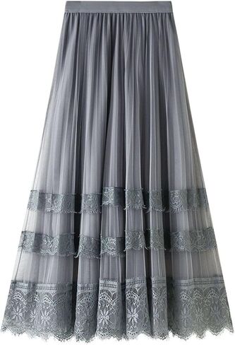 Womens Lace Tulle Skirts High Waist A Line Fairy Skirt Pleated Flowy Midi Layered Skirts Wedding Guest Mesh Skirt in Saudi Arabia