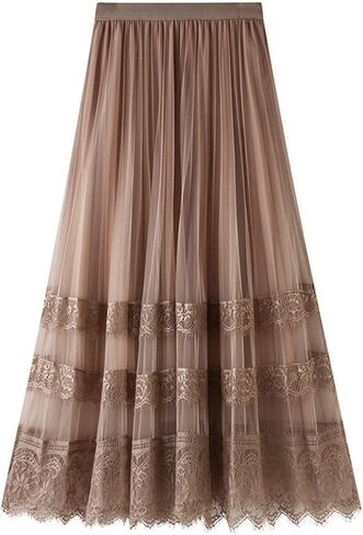 Womens Lace Tulle Skirts High Waist A Line Fairy Skirt Pleated Flowy Midi Layered Skirts Wedding Guest Mesh Skirt in Saudi Arabia