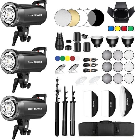 Godox Sk300ii-v Sk300iiv*2Kit Upgraded(2025) Strobe Flash 600Ws GN58 5700K Bowens Mount Professional Photography Twin Light Kit with Built-in Godox 2.4G Wireless X System and 10W Modeling Lamp(2Pack) in Kuwait
