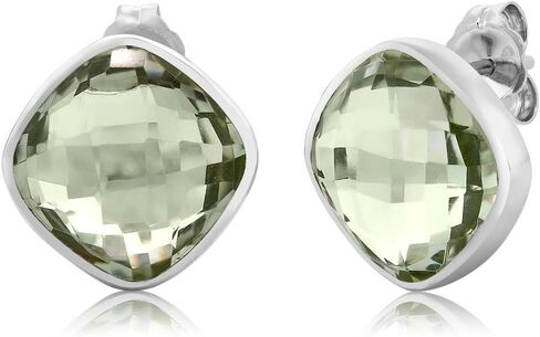 Gem Stone King 925 Sterling Silver Green Prasiolite Earrings For Women Men (12.00 Cttw, Gemstone Birthstone, Cushion Cut 12MM) in Saudi Arabia