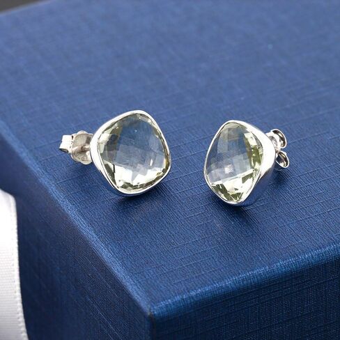 Gem Stone King 925 Sterling Silver Green Prasiolite Earrings For Women Men (12.00 Cttw, Gemstone Birthstone, Cushion Cut 12MM) in Saudi Arabia
