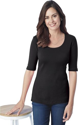 SAGEFINDS Elbow Length Scoop Neck Tee Shirt | 100% Cotton | Fitted Top for Women | Ultra Soft Baby Rib Knit T-Shirt in Saudi Arabia