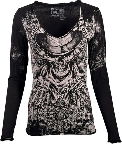 Xtreme Couture by Affliction Women's Long Sleeve T-Shirt, Black, Skull Graphic Print Design in Saudi Arabia