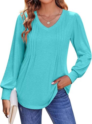 Women's Pleated V Neck T Shirts Puff Long Sleeve Tops Casual Loose Fit Tunic Blouses in Kuwait
