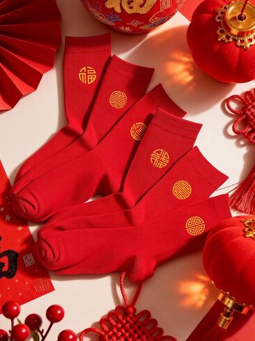 6 Pairs 2026 Chinese New Year Socks, Horse Years Unisex Red Fortune Crew Socks, Festive Lunar New Year Calf Socks Gift for Men & Women in Saudi Arabia