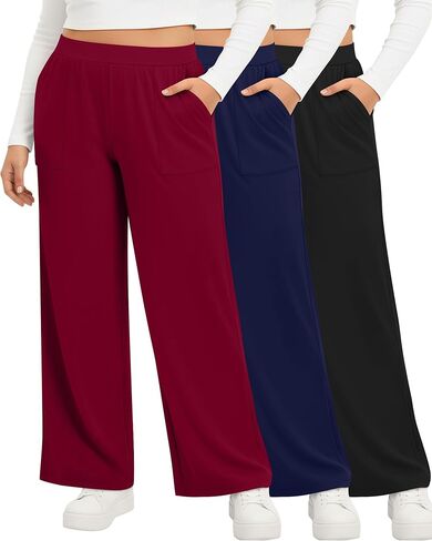 3 Pack Women's Plus Size Lounge Pants Wide Leg Yoga Pajama Palazzo Pants Loose Casual Baggy Sweatpants with Pockets in Saudi Arabia