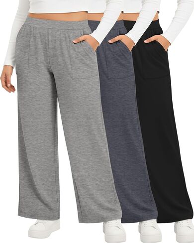 3 Pack Women's Plus Size Lounge Pants Wide Leg Yoga Pajama Palazzo Pants Loose Casual Baggy Sweatpants with Pockets in Saudi Arabia