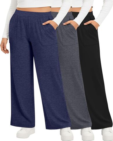 3 Pack Women's Plus Size Lounge Pants Wide Leg Yoga Pajama Palazzo Pants Loose Casual Baggy Sweatpants with Pockets in Saudi Arabia