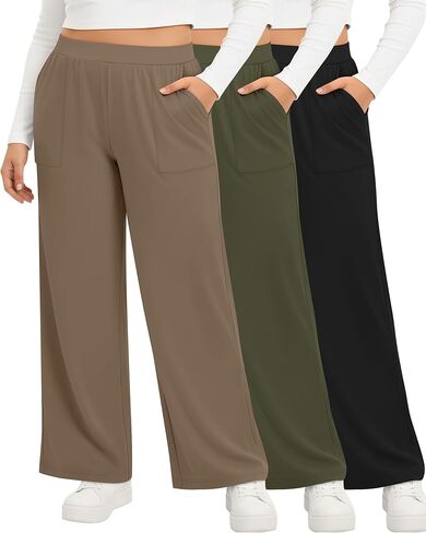 3 Pack Women's Plus Size Lounge Pants Wide Leg Yoga Pajama Palazzo Pants Loose Casual Baggy Sweatpants with Pockets in Saudi Arabia
