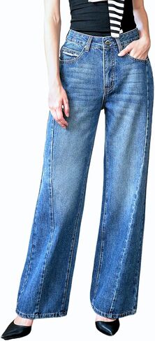 جينز نسائي عالي الخصر قابل للتمدد للتحكم في البطن فضفاض واسع الساق مستقيم الساق من قماش الدنيم عصري 2025 للنساء in Kuwait